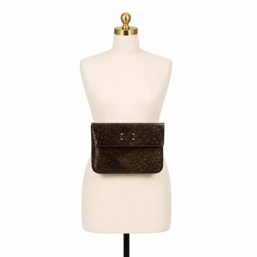 Nordstrom Brown Ostrich Embossed Faux Leather Foldover Clutch Bag Handbag EUC